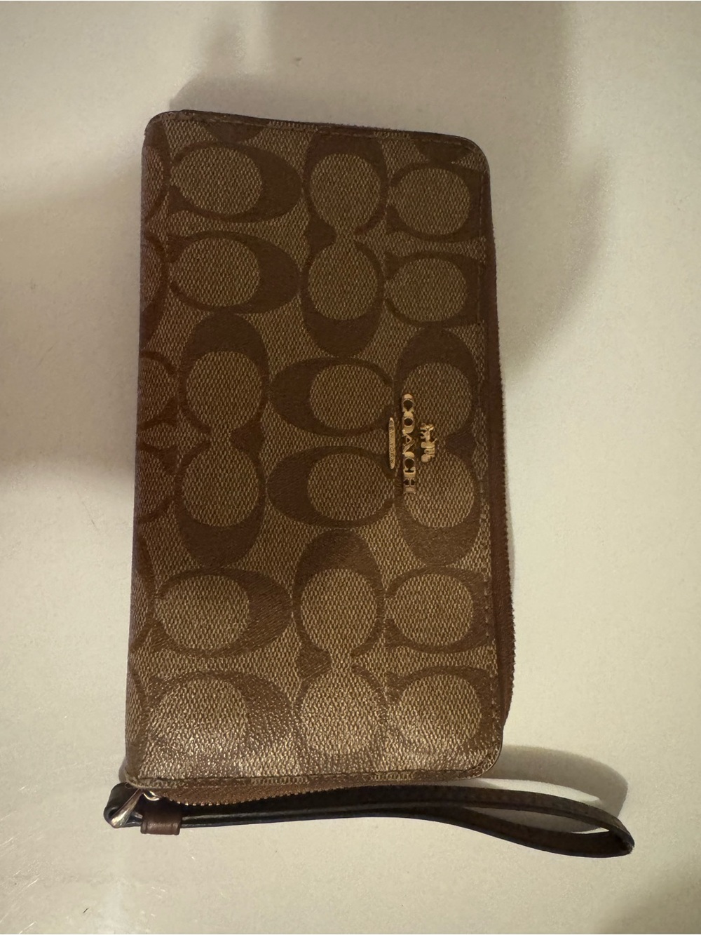 Coach Brown Signature Canvas Wristlet Clutch with Gold Accent